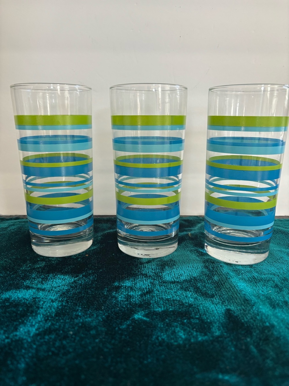 Vintage MCM Striped Highball Drinking Glasses Set of 3 Blue Lime Green Retro 70s